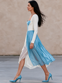 Women's Retro Casual Color Block Long Sleeve Flowy Midi Dress ZMZ0958I8ZJY