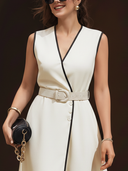 Women's Old-Money Style White Rayon V-neck Sleeveless Midi Dress (with Belt) ZMZ2622B6U