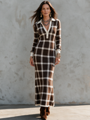 Women's Retro Casual Plaid Knit Lapel Long Sleeve Maxi Dress ZMZ2565H5ZJY