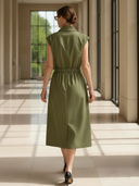 Women's Casual, Vintage Style, Pure Cotton, Elastic Waist, Zipper, Sleeveless Midi Dress ZMZ1136B9K