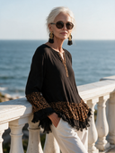 Women's Retro Casual Leopard Print Patchwork Cotton Ruffled Long-Sleeve Pullover Shirt ZMZ1159H7ZJY