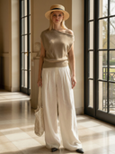 Women's Premium Old Money Style Knitted T-shirt And Cotton-linen Blend Trousers Set ZMZ0438B2K