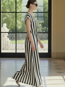 Women's French-style Elegant Tencel Blend Vertical Striped V-neck Maxi Dress ZMZ0537B6K