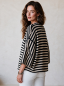 Women's Classic Retro Casual Black & White Striped V-Neck Single-Breasted Knit Cardigan ZMZ2628H5ZYY