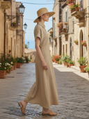 Women's Casual Herringbone Pattern Cotton And Linen Blend Embroidered Maxi Dress ZMZ2765A0K