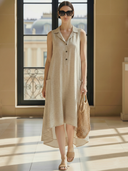 Women's Elegant Cotton-linen Blend Sleeveless Loose Midi Dress ZMZ2538B0K