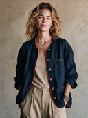 Women's Classic Loose-Fit Navy Cotton-Linen Single-Breasted Jacket With Contrast Piping ZMZ0185I3SWL