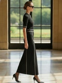 Women's Elegant Vintage-style Knitted Henley Collar Fitted Short-sleeved Maxi Dress ZMZ1272B7K