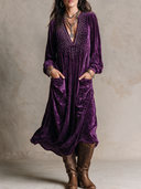 Women's Retro Casual Western Style Velvet Rhinestone V-Neck Long Sleeve Maxi Dress ZMZ2420H8ZJY
