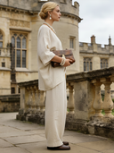 Women's Retro Casual Cotton Linen V-Neck Oversized Shirt And Trousers Two-Piece Set ZMZ2675B8TO