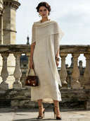 Women's Retro Knitted Openwork Shawl And Round Neck Cotton Linen Maxi Dress Two-Piece Set ZMZ2750B7TO