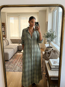 Women's Retro Casual Plaid Print Cotton Linen Shirt Long Sleeve Midi Dress ZMZ2304E8ZJY