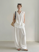 Women's French-style Elegant Cotton And Linen Blend Tank Top And Pants Set ZMZ0349B9K