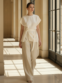 Women's Premium Minimalist Cotton And Linen Blend T-shirt And Cotton Trousers Set ZMZ2997A6K