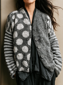 Women’s Vintage-style Casual Knitted Polka-dot Button-front Collarless Cardigan ZMZ2358J6ZJY