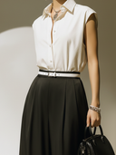 Women's Old-money Style Cotton Sleeveless Shirt And Satin Skirt Set (with Belt) ZMZ2628B0U