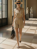 Women's French-style Elegant Pure Cotton Sleeveless Shirt And Elastic Waist Shorts Set ZMZ1470B3K