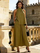 Women's Retro Solid Color Cotton Linen High Neck Tank Top And Skirt Casual Two-Piece Set ZMZ2664B1TO