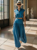 Women's Fashionable Old-money Style Pure Cotton Sleeveless Shirt And Elastic Waist Skirt Set ZMZ1208B0K