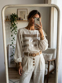 Women's Retro Casual Cotton Linen Sequin Striped Patchwork Crew Neck Pullover Shirt ZMZ0735H1ZJY