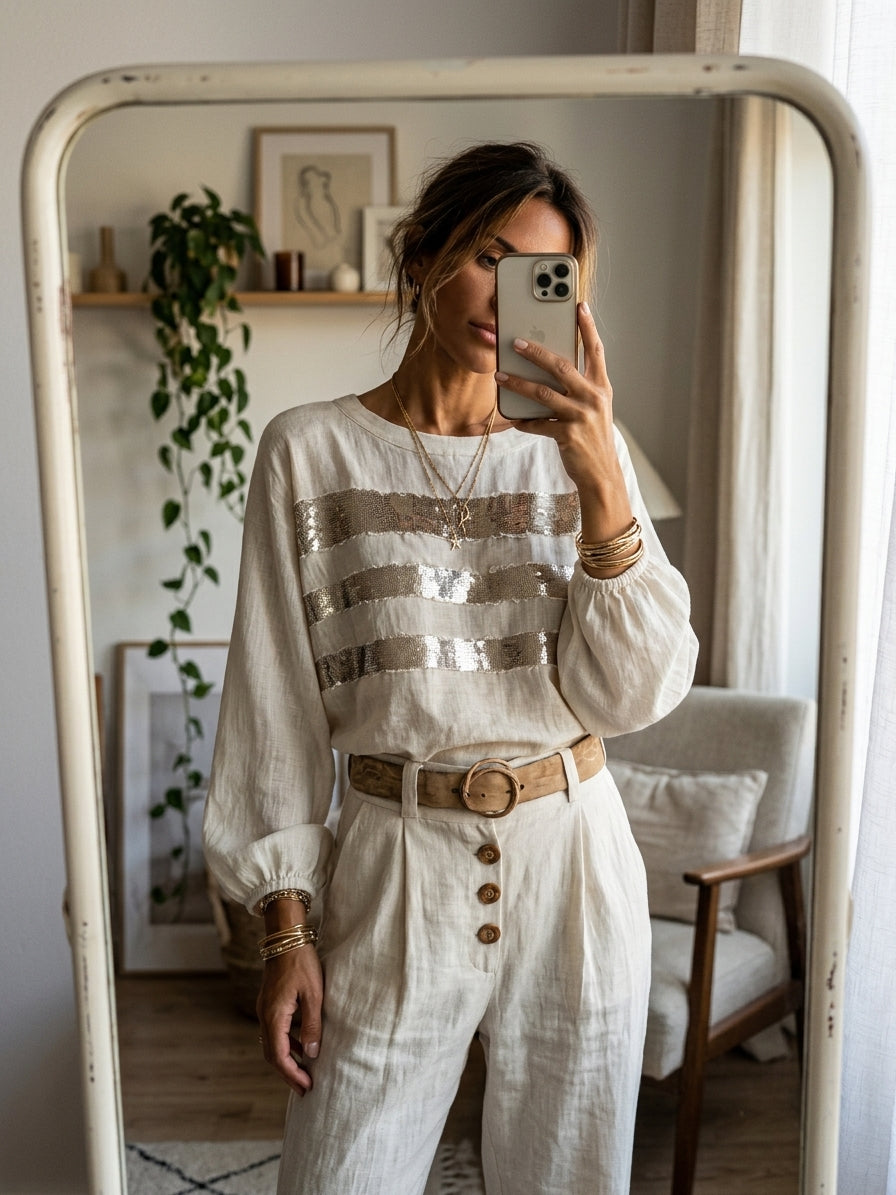 Women's Retro Casual Cotton Linen Sequin Striped Patchwork Crew Neck Pullover Shirt ZMZ0735H1ZJY