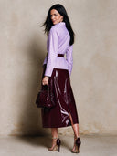 Women's Retro Casual Striped Print Long-Sleeve Shirt And Glossy PU Skirt Set ZMZ0722I4ZJY