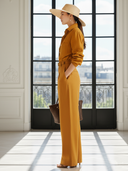 Women's Old-money Style Orange Cotton-linen Long-sleeved Shirt And Straight-leg Pants Set (with Belt) ZMZ2895B2U