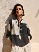 Women's Retro Color-Block Striped Long-Sleeve Tie-Neck Top ZMZ2194G3SWL