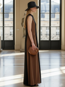 Women's High-end Old-money Style Pure Cotton Patchwork Henley Collar Sleeveless Maxi Dress ZMZ2728B2K