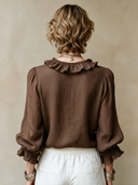 Women's Classic Brown Cotton-Linen V-Neck Long-Sleeve Shirt ZMZ2431H9SWL