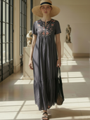 Women's Minimalist Embroidered Cotton-linen Blend V-neck Short-sleeved Maxi Dress ZMZ1416B3K