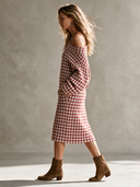 Women's Retro Casual Houndstooth Blend Off-Shoulder Long Sleeve Midi Dress ZMZ2145H0ZJY