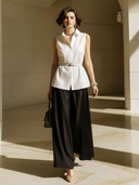 Women's Old Money Style Cotton Sleeveless Shirt (with Belt) And Satin Skirt Set ZMZ2656B5U