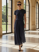 Women's High-End Old Money Style Pleated Stretch Fabric Short-Sleeve T-Shirt And Skirt Set ZMZ2702B0K