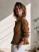 Women's American Retro Casual Faux Suede Single-Breasted Jacket With Stand Collar And Ruffle Detail ZMZ0470I2ZYY