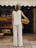 Women's Italian-style Romantic Vacation Embroidered Linen Blend T-Shirt And Pants Set ZMZ3096A0K