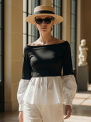 Women's Premium Elegant Off-the-shoulder Knitted And Cotton Spliced long-sleeved Shirt ZMZ0657B3K