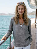 Women's Retro Casual Cotton Linen Henley Collar Long-Sleeve Shirt ZMZ2936E6ZJY