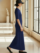 Women's High-end Minimalist Commuter Knitted Henley Collar Short-sleeved Maxi Dress ZMZ1481B6K