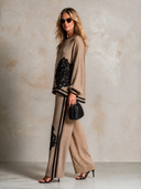 Women's Knitted Floral Lace Patchwork Top And Wide-Leg Pants Two-Piece Set ZMZ2736H0XT