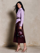 Women's Retro Casual Striped Print Long-Sleeve Shirt And Glossy PU Skirt Set ZMZ0722I4ZJY