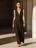 Women's Old-Money Style Dark Brown Cotton-Linen Blend Sleeveless Long Dress ZMZ2600B4U