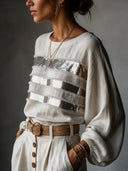 Women's Retro Casual Cotton Linen Sequin Striped Patchwork Crew Neck Pullover Shirt ZMZ0735H1ZJY