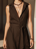 Women's Old-Money Style Dark Brown Cotton-Linen Blend Sleeveless Long Dress ZMZ2600B4U