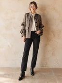 Women's Retro Casual Herringbone Stand Collar Ruffle Button Jacket ZMZ1544J6ZJY