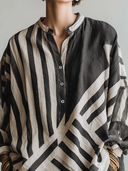 Women's Classic Casual Striped Print Cotton-linen Blend Loose-Fit Long-Sleeve Henley Shirt ZMZ0253G8ZYY