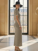 Women's Casual Old-fashion Style Knitted Striped Short-sleeved Maxi Dress ZMZ1156B4K