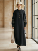 Women's High-end Old-money Style Pure Cotton Embroidered Henley Collar Long-sleeved Maxi Dress ZMZ1289B4K