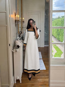 Women's Casual Vacation-Style Cotton-Linen Blend Patchwork Dress — Loose-Fit, Short-Sleeve, Square Neck Maxi Dress ZMZ0798E6ZYY