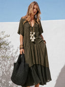 Women's Spliced Leopard Print V-Neck Short-Sleeve Maxi Dress ZMZ1462E6XT